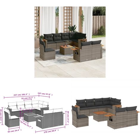 Salon de jardin 9 pcs avec coussins gris résine tressée - Salon De Jardin - Canapé Extérieur - Mobilier De Jardin - Set Salon De Jardin - Résine Tressée - Home & Living