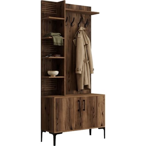 Mobile da Ingresso Pecchi, 8 Ripiani, Appendiabiti, Apertura Battente, 90x35x200h cm Marrone Noce