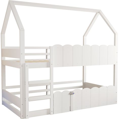 Litera infantil casa 90 x 200 cm blanca con escalera y barandillas de seguridad (1/5)