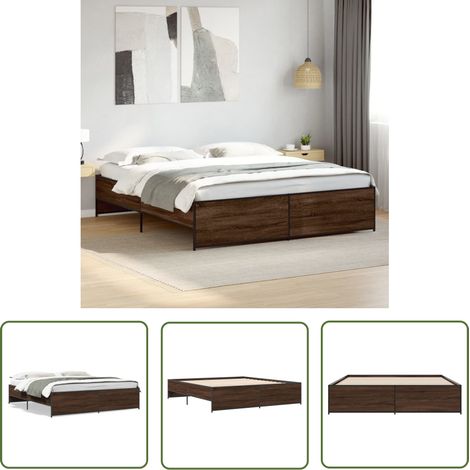 The Living Store Bettgestell Braun Eichen-Optik 200x200 cm Holzwerkstoff Metall - Holzbettwäsche - Doppelbett - Boxspringbett - Lattenrost - Bettrahmen (1/5)