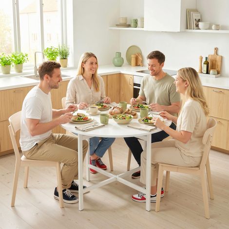 Klappbarer Esstisch, runder Küchentisch Ø 80 cm für 4 Personen mit 2 Ausziehplatten, Stahlbeine, weiß