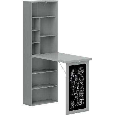 Bureau mural rabattable pliable avec rangement, bibliothèque, tableau noir et étagère réglable, poste de travail gain de place (1/5)