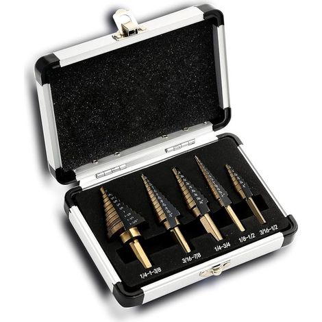 5-teiliges Titan-Stufenbohrer-Set, 50-teiliger Pagodenbohrer für Metall, Aluminium, Holz und Kunststoff, mit Aluminiumgehäuse – Messingfarben (1/5)