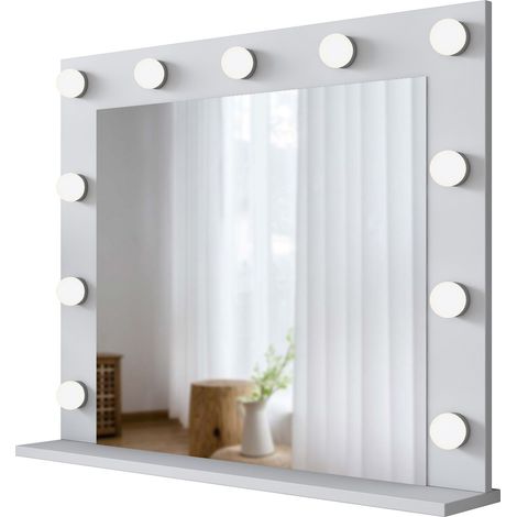 Specchio Storo, con Mensola e Lampadine, Forma Rettangolare, Tipologia da Parete, 90x72h cm Bianco