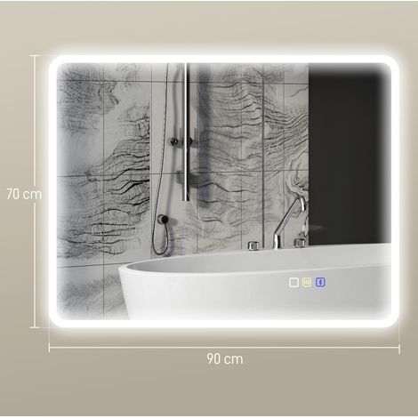 Espejo de baño LED Bluetooth 70 x 90 cm, táctil, antivaho, 3 colores, plata (1/5)