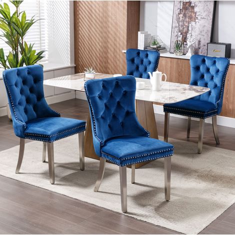 Stuhl Sessel gepolstert Blau Samt Hochlehne OKMYHOME (1/5)
