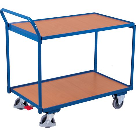 VARIOfit Tischwagen mit gebogenem Schiebegriff und 2 Ladeflächen 1185x790mm Enzianblau RAL 5010