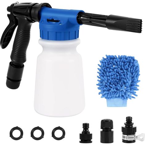 Pistolet à mousse de lavage de voiture 900 ml, 2 en 1 avec gants, canon à mousse réglable pour tuyau d'arrosage, pulvérisateur de mousse pour voiture, moto, arrosage du jardin (1/5)