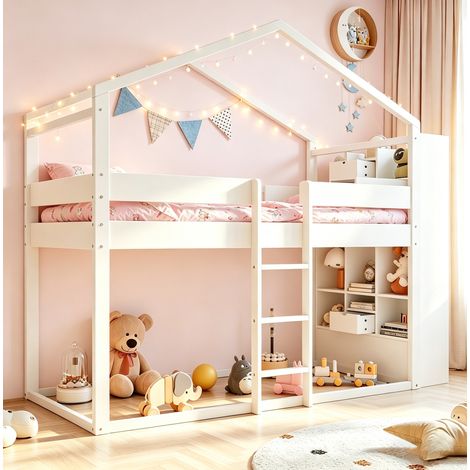Litera de madera maciza y MDF blanca 90x200 cm con almacenaje integrado y somier de láminas en cama superior (1/5)