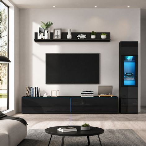 Meuble TV mural 3 pièces LED, noir brillant, avec vitrine et étagère suspendue, verre trempé DESVIAE (1/5)