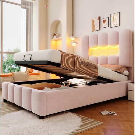 Cama tapizada moderna 90x200 cm de terciopelo rosa, con cabecero regulable, arcón hidráulico y LED (1/5)