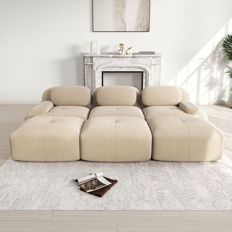 Canapé - Canapé d'angle modulable - Velours côtelé beige - 3 places avec poufs - Accoudoirs extra-larges