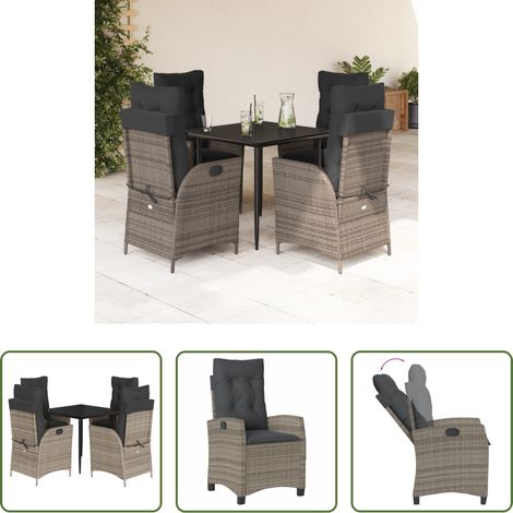 Gartenstuhl -  5-tlg. Garten-Essgruppe mit Kissen Grau Poly Rattan (1/5)