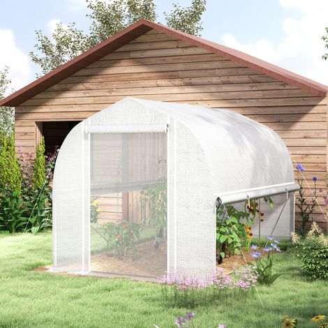 Serra a tunnel in polietilene 3 x 2 x 2 m con pareti laterali avvolgibili, copertura in plastica resistente ai raggi UV e telaio in acciaio, bianca