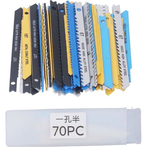 Ensemble de 70 lames de scie sauteuse (6, 8, 10, 14, 18, 24 et 32 TPI) en acier à haute teneur en carbone, à emmanchement en U, pour bois, plastique et métal.