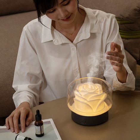 Difusor de aceites esenciales con función humidificador – diseño floral y luz ambiental de 7 colores, capacidad de 400 ml, ABS, 17 x 14 cm, silencioso, ideal para el hogar o la oficina. (1/5)