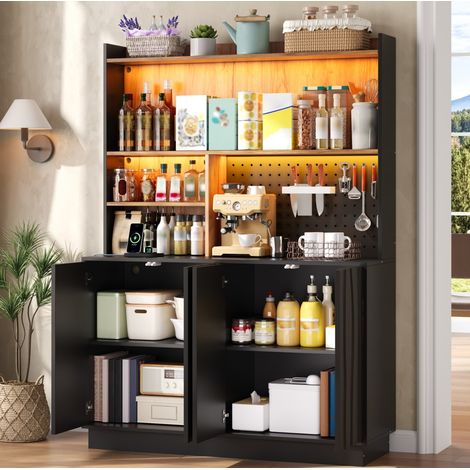 Armadio alto cucina 120x43x160 cm in MDF nero e naturale con LED e prese - MEUBLIV (1/5)