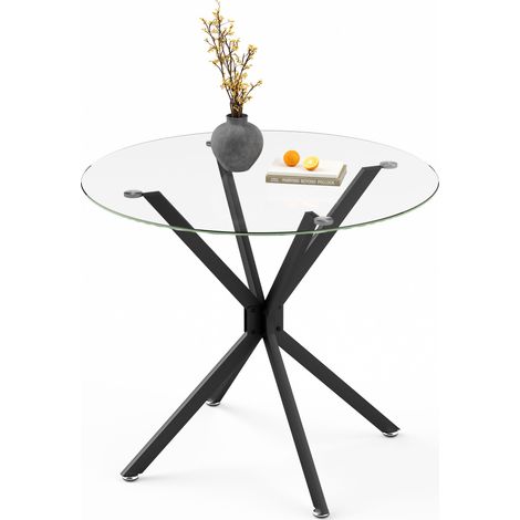 FurnitureR Runder Glastisch 90 cm moderner Esstisch minimalistisches Design Metallgestell radial stabil kompakt für Küche Essbereich transparent schwarz