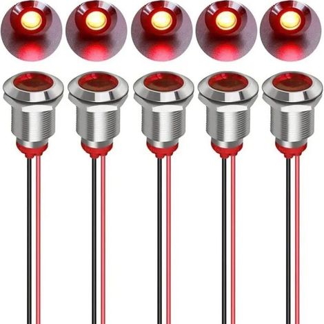 5pcs 12mm 12/24VDC LED Métal Indicateur - Lumière éTanche Signal Lampe Pilote Tableau de Bord Directionnel avec Fil(Rouge) Odipie (1/4)
