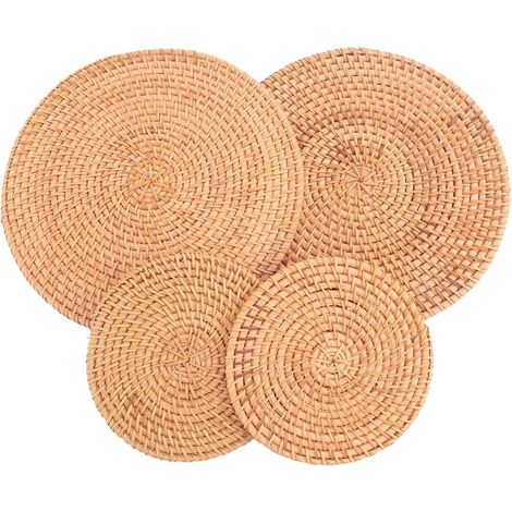 Lot de 4 dessous de plat en rotin tressé à la main, dessous de plat tressé pour plats chauds, assiettes et tasses, dessous de plat pour la table (1/5)