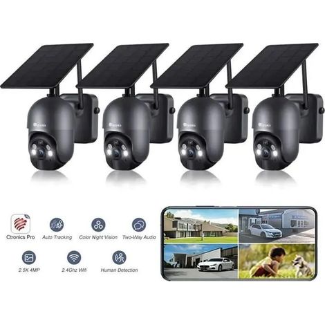 Ctronics Lot de 4 Caméra Surveillance WiFi Extérieure avec Panneau Solaire Caméra S20 2K 4MP sans Fil sur Batterie Rechargeable Détection Humaine PIR Noir