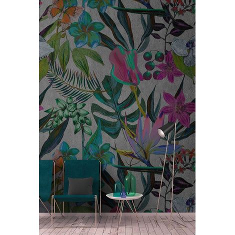 Papier peint panoramique fleurs exotiques | Tapisserie panoramique jungle multicolore | Papier peint panoramique fleuri pour salon - 270 x 400 cm (4 pièces) (1/5)