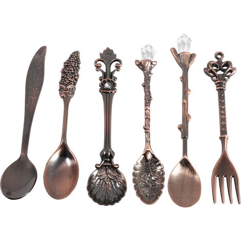 Ensemble de 6 mini cuillères et fourchettes, alliage de zinc, style vintage rouge, motifs 3D, pour café et dessert (1/5)