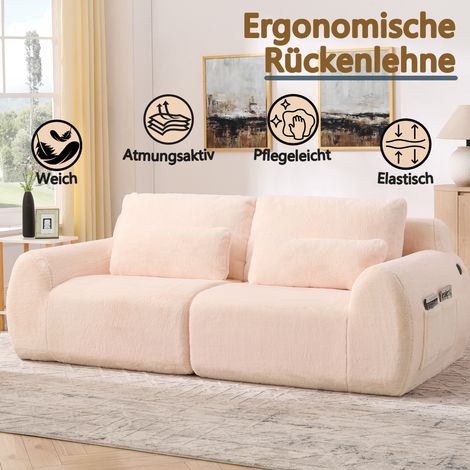 Canapé 2 places fausse fourrure lapin haut rebond port USB poche latérale salon appartement bureau chambre rose.
