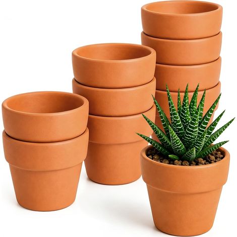 Idota Lot de 10 petits pots en terre cuite de 10 x 10 cm  Pots de fleurs avec trou de vidange, pot de fleurs en argile pour travaux manuels, peinture, bricolage, jardin, balcon, fête (1/5)