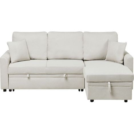 Corner Sofa Bed 3 Seater NASSJO Faux Linen Light Beige Left Hand (1/5)