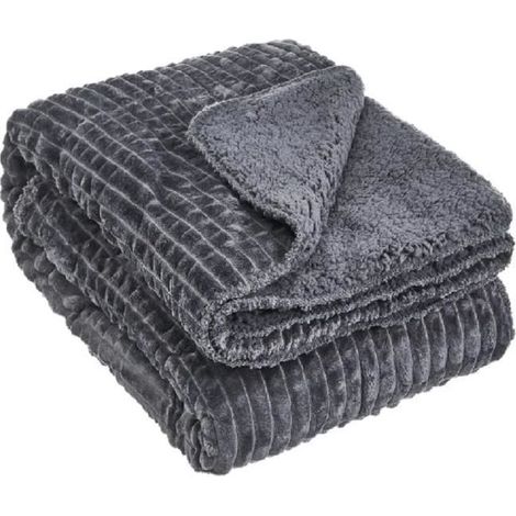 Couverture épaisse en flanelle - JUANIO - 220 x 160 cm - Flanelle 280 GSM - Sherpa 200 GSM - Gris foncé