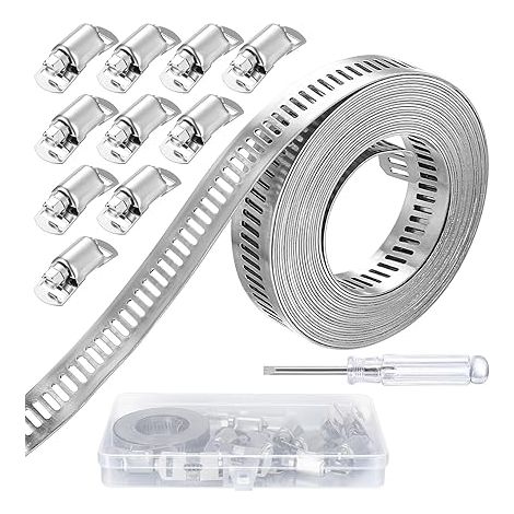 3,5 M Collier de Serrage Inox, Collier de Serrage Métallique, Collier Serrage Inox à Vis, Colliers de Serrage Réglable pour Fixation Tuyaux de Gaz Eau Voiture, Avec 10 Fermetures Attaches (1/5)