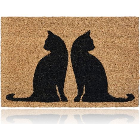 Relaxdays Paillasson coco, 40 x 60 cm, tapis de porte motif chats, intérieur, extérieur, antidérapant, nature/noir (1/5)