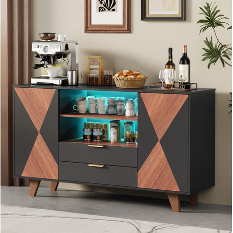 Credenza con LED, 2 cassetti e ripiani regolabili, MDF, 150 x 40 x 90 cm HAVRYA (1/5)
