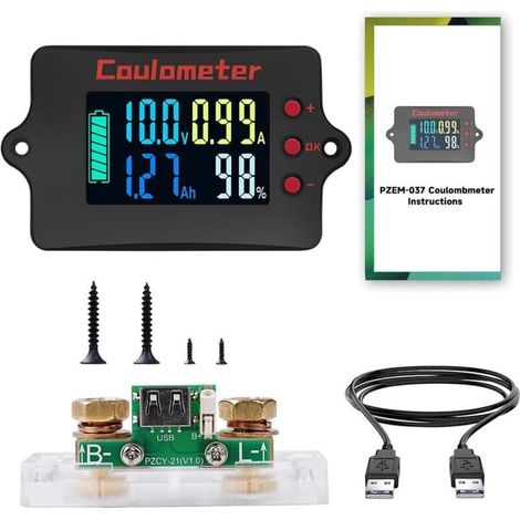 100A Contrôleur de batterie 12V 24V 36V 48V Moniteur de batterie 8-120V Battery Ampèremètre universel de tension de batterie au lithium Courant en cuivre pur + 2m de câble USB (écran couleur) (1/5)