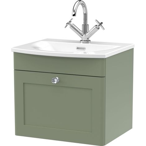 Swynnerton Traditional 1 Drawer Wall Hung Vanity Unit with Basin, Satin Green, 500mm (1/4)