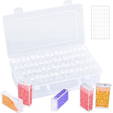 64 Grilles Diamond Painting Accessoires Boite de Rangement, Amovible en Plastique Broderie à Compartimen, 5D Diamant Outils de Peinture Boîtes D'assortiment avec Étiquettes pour DIY Art Craft (1/5)