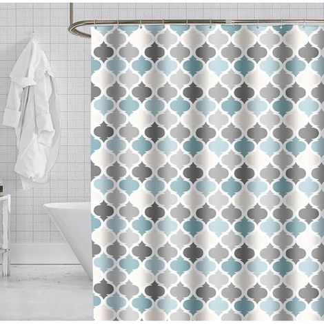 180 x 180 cm anti-mold polyester shower curtain, machine washable, includes 12 hooks, blue pattern. (1/5)