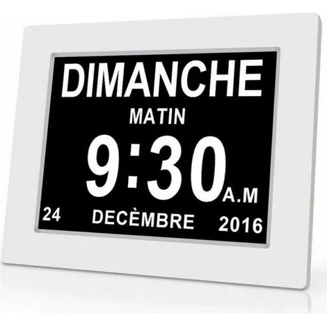 Horloge numérique pour seniors avec affichage large – Date, heure et rappel de médicaments – 7 pouces, blanc plastique – 20.4 x 14.3 cm (1/4)