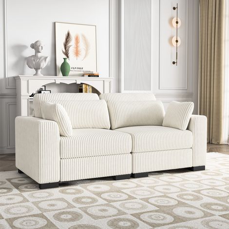 Divano a 2 posti - grande e comodo divano in velluto a coste - con 2 cuscini - divano lineare imbottito - divanetto con braccioli - 188x88x85 cm - beige