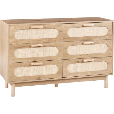 6 Drawer Chest Light Brown Particle Board Rattan Front Boho Style Bedroom Living Room Storage Sideboard COSTELLO (1/5)