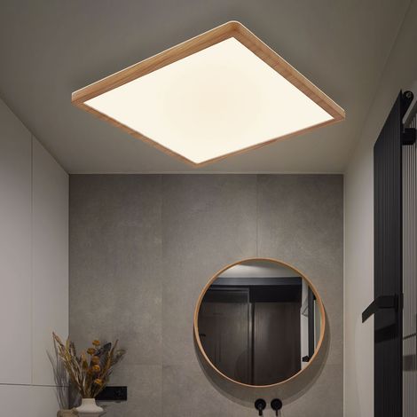 Globo – Plafonnier LED 18W 1600lm blanc chaud – Rétroéclairage aspect bois – 3 niveaux d'éclairage – IP44 pour salle de bain – Dimensions 29,4x29,4x2,5 cm