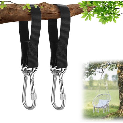 Fixation de balançoire, Lot de 2 sangles en nylon indéchirable pour hamac, Sangle Hamac, mousquetons de qualité supérieure /anneaux en D épais noir, pour Balancoire Jardin Hamac ou Siège Suspendu (1/5)
