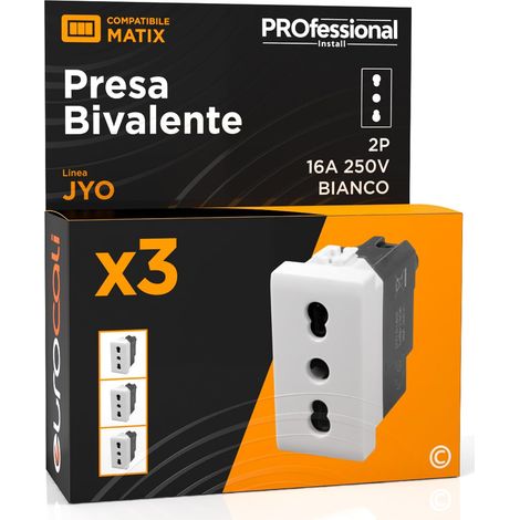 Prise électrique italienne 2P+T bivalente 10/16 A 250 V prise de courant bipasso Pluristandard de mur couleur blanche fruits compatibles avec BTicino Matix Séries Résidentielles 518B - Lot de 3 (1/5)