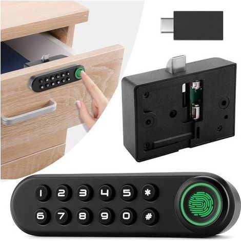 Serrure d'armoire à empreinte digitale, serrure biométrique intelligente avec mot de passe et clé USB, tiroir de rangement dissimulé sans clé, sécurité enfant, meubles en bois à monter soi-même (1/4)