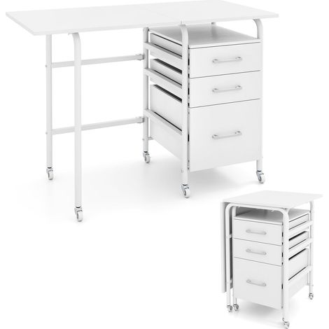 COSTWAY Bureau Pliable avec 3 Tiroirs, Table d'Ordinateur Roues Verrouillables, Bureau à Domicile Roulant avec Cadre en Métal, Compact pour Dortoir, Appartement (Blanc) (1/5)