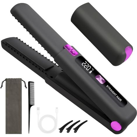 Lisseur sans fil, lisseur et boucleur 2 en 1 avec chargement USB, 6 températures réglables et écran LED, mini boucleur portable pour les voyages (Noir poudre à canon) (1/5)