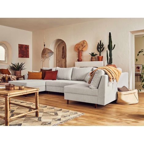 Lisa Design – Canapé panoramique d'angle droit 7 places en velours côtelé gris clair – Structure en bois massif – Confort optimal avec mousse polyuréthane