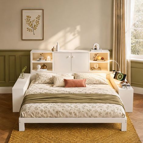 Cadre de lit coloris blanc en mDF Plywood 237 x 133 x 100 cm (1/5)
