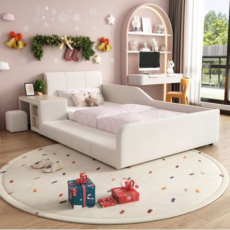 Cama tapizada infantil (212x125x69 cm), con escritorio y taburete, con balda de almacenaje, terciopelo blanco (1/5)